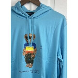 Polo Ralph Lauren Shirt Mens L Blue Hooded Long Sleeve Polo Bear Tee New w/Tags